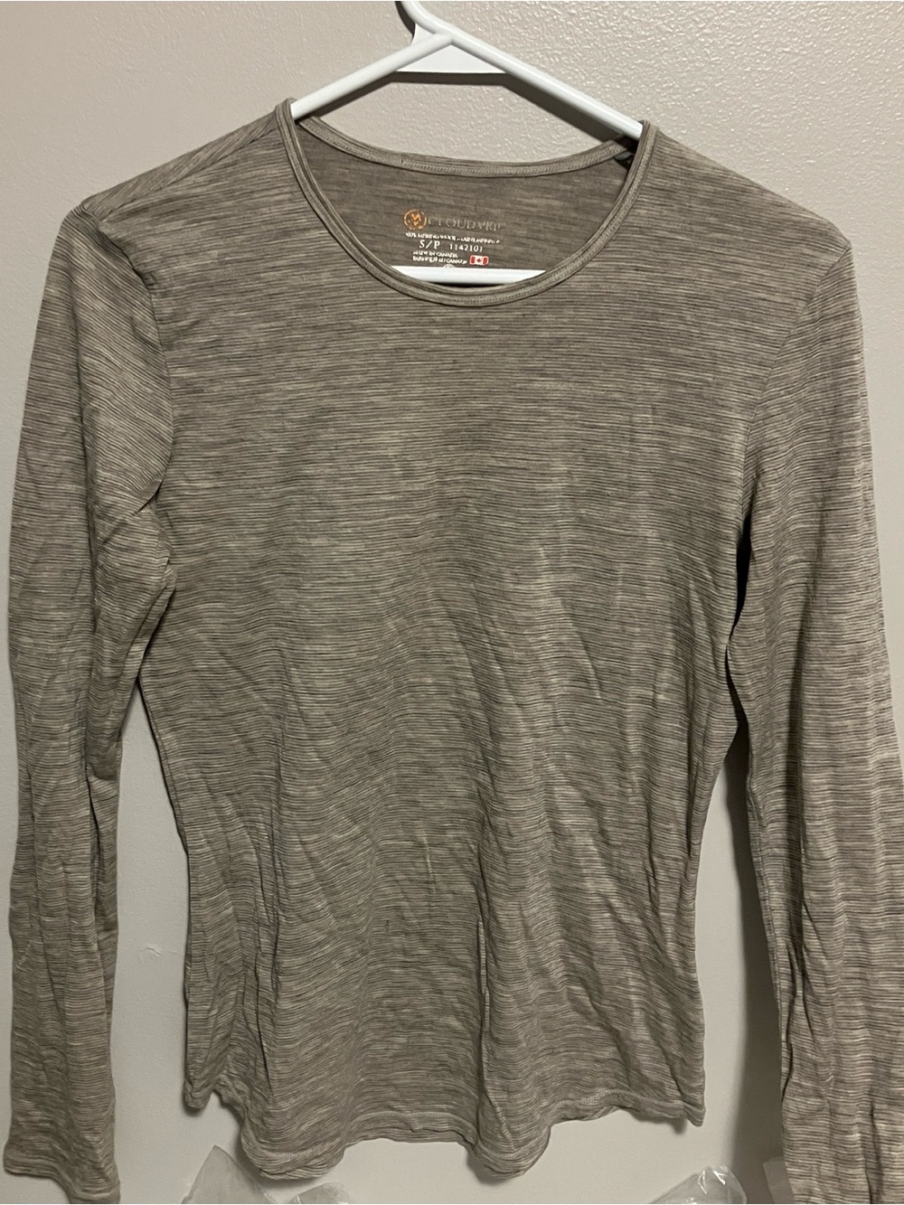 Cloudveil tan brown striped merino wool shirt small